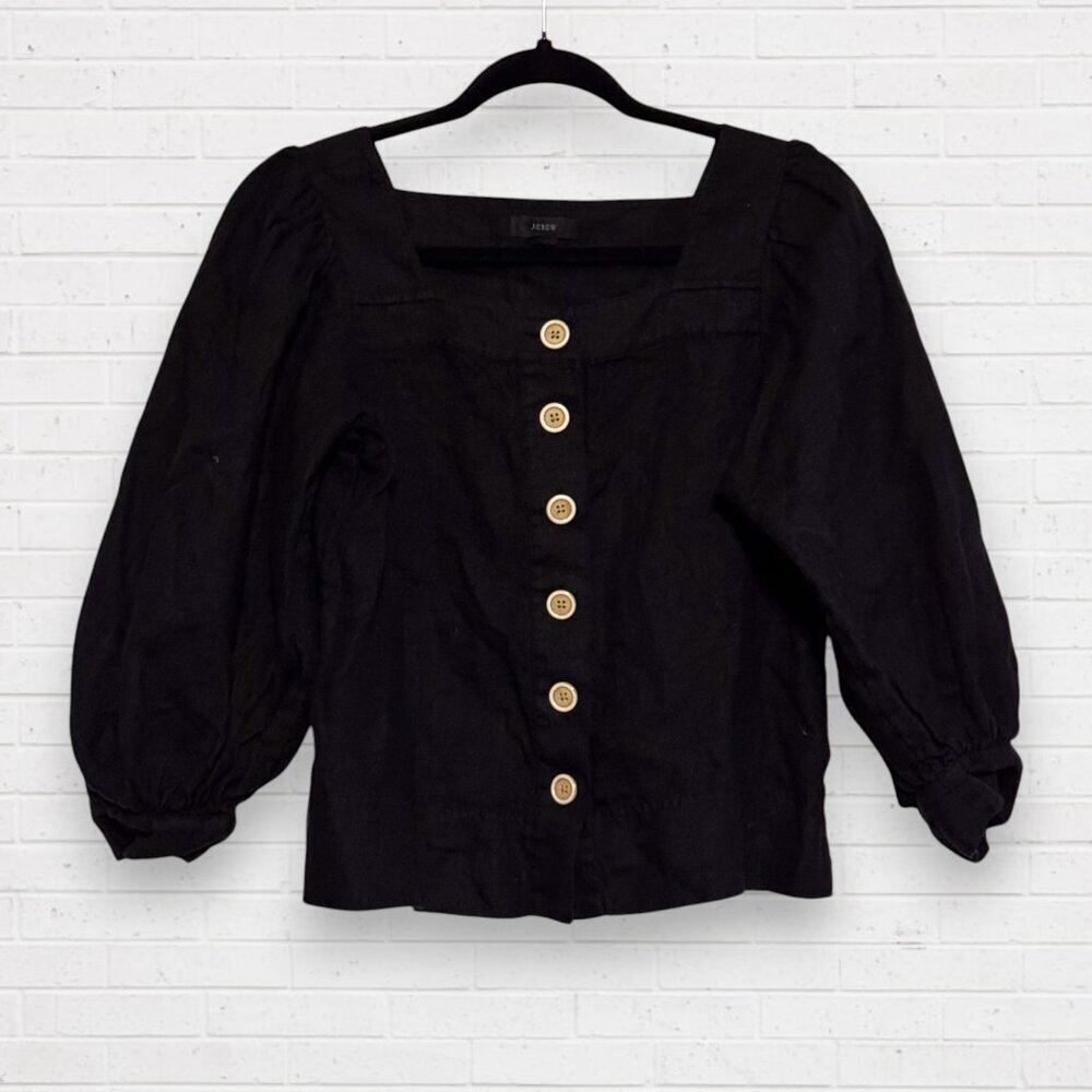 J CREW Black Linen Square Neck Crop Button Front Up Puffy Sleeve Top Blouse XS